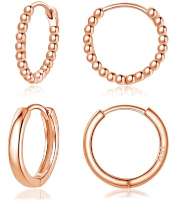 Bewenda Creolen Silber 925 Klein, 2 Paar Rosegold Ohrringe Creolen Set mit kugeln, Unisex 13/14mm Ohrringe Kreolen Set für Damen, Nickelfrei Hypoallergen Schlafen Huggie Ohrschmuck mit Geschenkbox