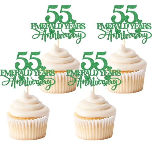 Blumomon 24Pcs 55th Anniversary Cupcake Toppers Emerald 55th Weddding Anniversary Cake Decoration for 55 Emerald Wedding Celebration Party Supplies