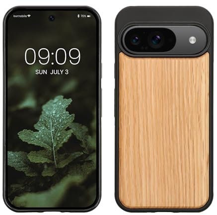kwmobile Custodia Compatibile con Google Pixel 9 / Pixel 9 PRO Cover - Protezione in Legno per Smartphone - Back Case con Bumper in Silicone TPU - Marrone Chiaro/Marrone Legno di Quercia