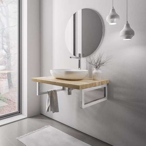 BERNSTEIN - Plan de lavabo toilette sous vasque chêne massif 80x52x18cm (LxPxH) + 2 portes serviette Chrome - PUREWOOD