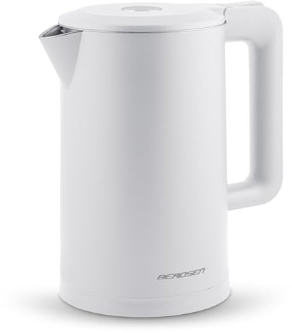 Berdsen Wasserkocher Edelstahl Mit Kalkfilter 1,7 L Fassungsvermögen 2200 Watt LED Beleuchtung Doppelwand Pirouettenbasis Wasser Kocher Leise Weiß