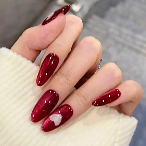 24Pcs Burgundy Cat Eye French False Nails Long Almond, Love Design Gel Fake Nails Press on, Solid Color Glossy Glitter Acrylic Stick on Nails for Women DIY Manicure, Natural & Reusable, Easy to Use