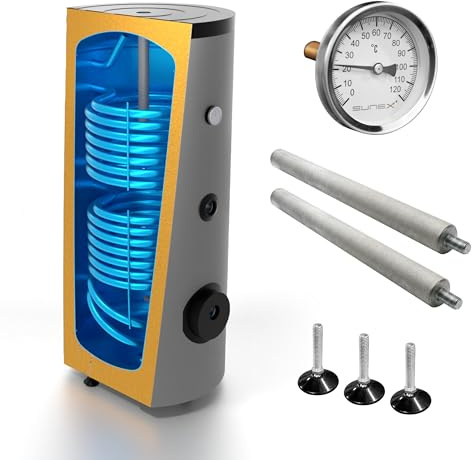 SUNEX Warmwasserspeicher 500L - Brauchwasserspeicher S2 mit 2 Wärmetauschern - für Solaranlage, Wärmepumpe und Kessel - Hochwertige Emaille 50mm PUR-Dämmung - inkl. Magnesiumanode & Thermometer