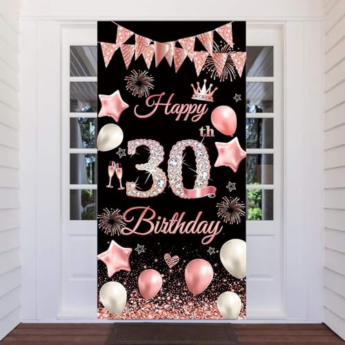 30. Geburtstag Banner, 30 Jahr Geburtstag Deko Tür Hintergrund für Frauen Männer, 30 Geburtstag Party Dekoration Türbanner für Geburtstagsfeier Willkommensschild, 180 x 90cm (Schwarz Rosa-30)