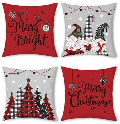 COZZSNUGE Weihnachten Kissenbezüge 45 x 45 cm, Rot Grau Gnom Weihnachtsbaum Schneeflocken Samtig Dekorative Kissenhülle Zierkissenbezüge für Sofa Wohnzimmer Zuhause 4er Set ﻿