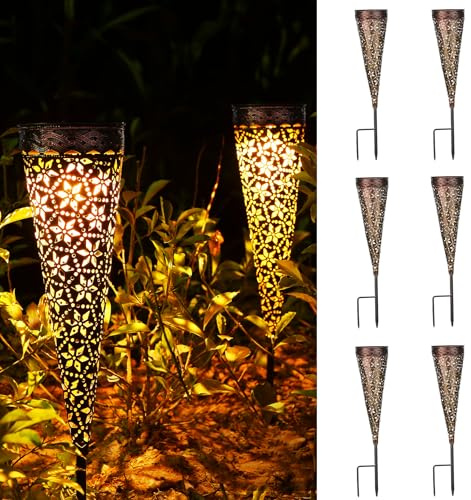 Görvitor Solar Gartenleuchten für Außen 6 Stück mit Erdspieß, Metall Solarleuchten Garten Retro mit Rautenblume, IP65 Wasserdicht LED Solarlampen für Außen Garten 15LM für Balkon Rasen Frauen Mama