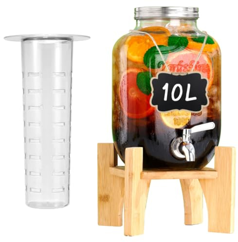 10L Getränkespender mit Zapfhahn, Limonadenspender mit Ständer und Deckel | Bowle Gefäß aus Hitzebeständigen Borasilikatglas mit Rostfreiem Wasserhahn für Garten, Buffet, Party & Küche, Hochzeiten