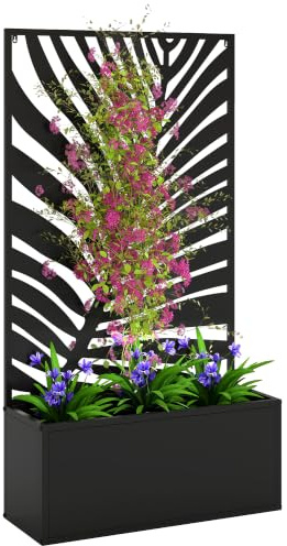Outsunny Metal Garden Bed with Trellis, Large Leaf Cut-out | Wall Mounted or Freestanding Raised Planter, Privacy Screen Panel, Planter Box, Climbing Plants Flowers Vegetables