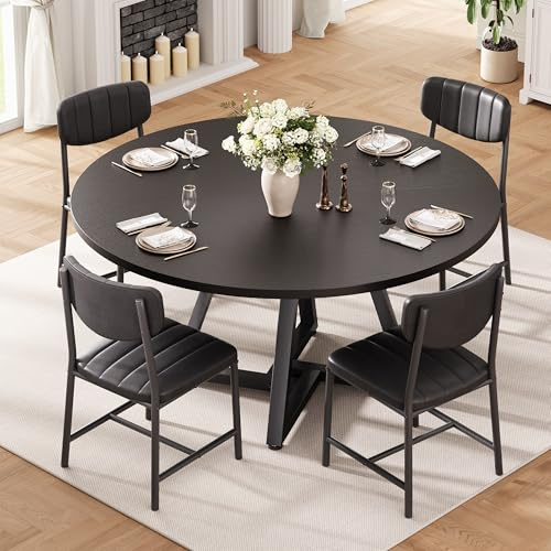 Esstisch Runder und 4 Esszimmerstühle Set, Essgruppe 5-Teilig, Küchentisch mit stabilem Metallgestell und 4 stühle, platzsparender Esszimmertisch aus Holz im Industrial Design (Schwarz, 107cm)