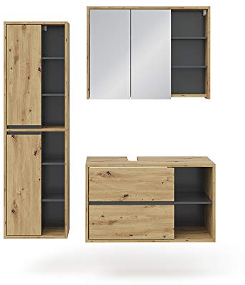 Vicco Badmöbel-Set Viola, Badezimmerschrank-Set, Anthrazit/Eiche, 3 Teile