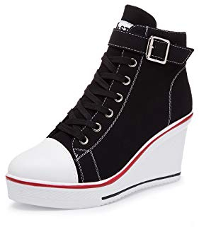Women's Canvas Casual Shoes Dating Platform Slip-On High Top Sneakers Rubber Sole Wedge High Top Fashion Sneakers, Black/ 7