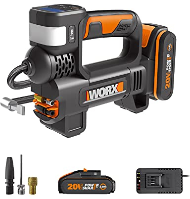 WORX 20V Cordless Tyre Inflator WX092 Multi-Function Air Pump, Powerful LED Light & SOS Emergency Light, Max. 150 PSI High Pressure, PowerShare, 1 * 2.0Ah Battery, 1 * 2A Charger