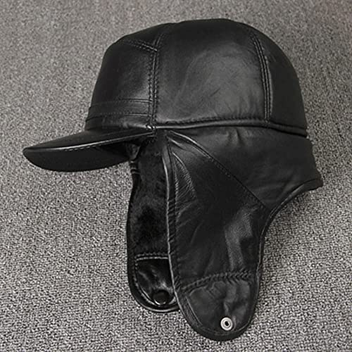 DEPAJA Russische Mütze Leder-Ushanka-Mütze Für Herren, Winter, Warme Bombermützen, Ohrenschützer, Plus Samt, Dicke Ski-Trapper-Mütze, Papa, Wintermützen,Schwarz,59-60Cm