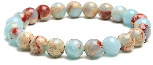 Landorilo Handmade Echte Naturstein Perlen Heilsteine Armband Damen Herren, 8MM Runde Edelsteine Yoga Armbänder, Glücksarmband, Kreative Schmuck Geschenke(Himmelblauer Stein)