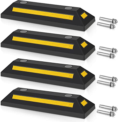 Jopassy 4 x Gummi Radstopper mit Dehnschraube, 54x15x10cm Parkplatzbegrenzung, Parkplatzsperre mit Gelb Reflektierende Streifen, Parkstopper, Parkplatzsperren für Parkplätze Garage Parkhäuser