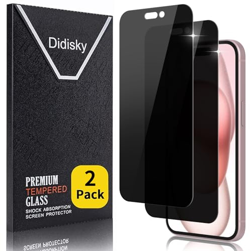 Didisky 2-Unidades Privacidad de Vidrio Templado Protector de Pantalla para iPhone 15 6,1, Anti-voyeur, Antihuellas, Sin Burbujas, Fácil de Limpiar, 9H Dureza