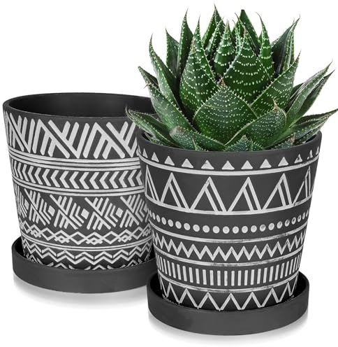 BUYMAX 6 inch Indoor Plant Pots, Black with Drainage Holes and Saucers, Boho Modern Geometric Pattern, Set of 2