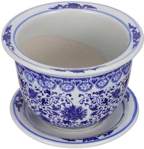VANZACK Blau-weißer Blumentopf aus Keramik, chinesische Blumentöpfe aus Keramik mit Tablett, dekorativer Blumentopf für drinnen und draußen, Schreibtisch, Garten, Balkon