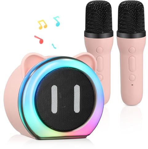 Vehoukli Máquina de karaoke para niños, micrófono para niños con 2 micrófonos, mini karaoke set con luz LED y efectos de cambio de voz, regalo Bluetooth portátil para niñas y niños de 3 a 18 años
