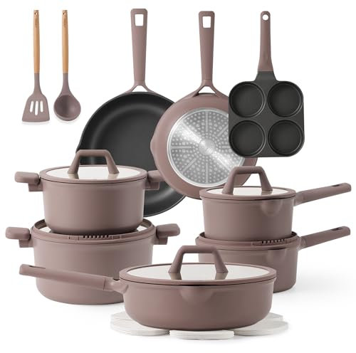 CAROTE 19pcs Nonstick Cookware Sets, Pots and Pans Set Non Stick,Rosy Brown Kitchen Cooking Set,Premium Induction Cookware, Frying pan, Large Capacity Granite, Purple
