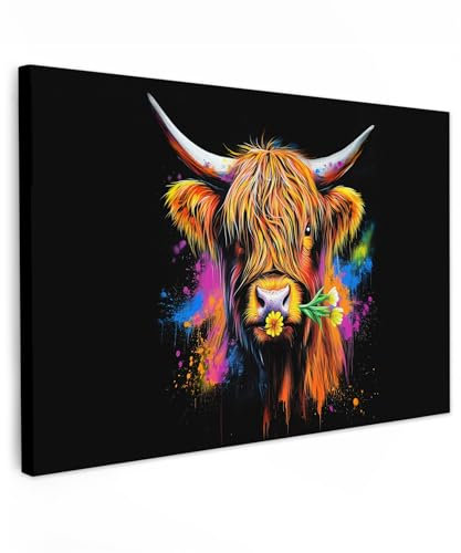 MuchoWow© Impression sur Toile Decoration Murale Peinture 90x60 cm Tableaux Decoratifs Muraux Déco Chambre Tableau Salon Highland écossais - Graffiti - Coloré - Fleur - Animaux