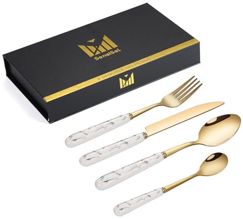 SensiSel 16 Piece Ceramic White Handles and Golden Plated Stainless Steel Set,White Marble Handle with Golden Mouth Flatware Cutlery Set Service for 4 (Gift Boxed)
