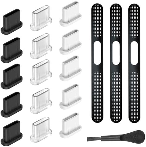 LunarCharm 19-piece Set USB C Dust Cover and Dustproof Mesh Stickers Compatible with iPhone 16/15 Pro Series, USB C Port Cover, Phone Speaker Cover