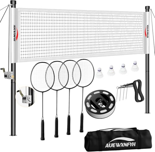 AUEWXNFYH Portable Badminton Set, Heavy-Duty Outdoor Net with 4 Rackets, 3 Shuttlecocks & Boundary Line for Backyard Lawn Beach Family Games