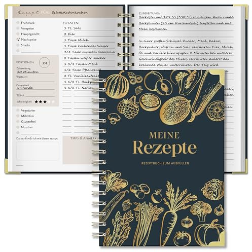 BIROYAL Rezeptbuch zum Selberschreiben A5, 120g Papier, Spiralbindung | Eigenes Kochbuch mit Umrechnungstabelle & Inhaltsverzeichnis, Platz für 100 Rezepte, Doppelseite pro Rezept, für Hobbyköche