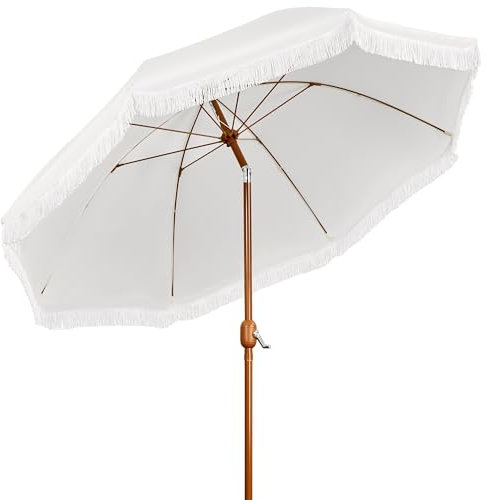 Yaheetech Parasol de Jardin d'extérieur avec Franges, 275cm, Parasol Inclinable, Anti-UV/l'eau, avec Canopée Réglable, Manivelle, 8 Baleines, Housse, Crème