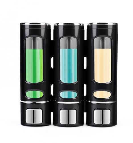 Dispensador de Ducha 3 Compartimentos Pared, Negro | Sin Perforaciones, Gran Capacidad, Para Gel, Champú, Acondicionador y Detergente