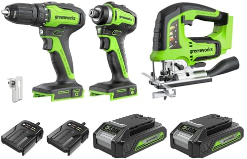 Greenworks 24V 3‑teiliges Akkutool-Set, bestehend aus Akkuschrauber (35 Nm), Akku-Schlagschrauber (220 Nm), Akku-Stichsäge, 2 Akkus und einem Ladegerät
