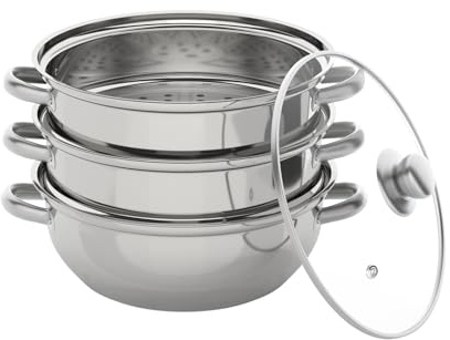 DAHAD 3 Etagen Dampfkocher, Dampfgarer für Knödel, Steamer Topf, Stapelbar Suppendämpfer mit Transparente Glasdeckel und Griffe, Dampfkochtopf für Induktionskochfeld (28cm/11in)