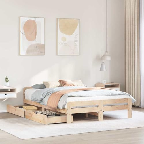 Hoopleep Massivholzbett Queen 150x200 cm aus unbehandeltem Kiefernholz, mit Lattenrost, Kopfteil und 2 Schubladen, Stabiler Rahmen für Schlafzimmer
