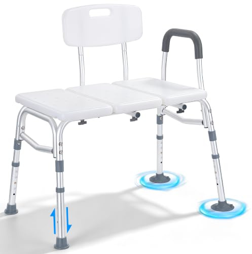 OUUTMEE Tub Transfer Bench, Height Adjustable Shower Chair for Elderly | Non Slip Bath Seat for Bathtub with Armrest and Backrest, Suction Foot Pads, Load Capacity 150LBS, White