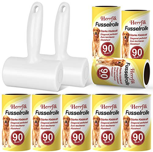Herrfilk 720 Blatt Fusselrolle mit 2 Fusselbürsten und 6 Ersatzrollen, Super Klebrig Fusselroller für Tierhaare, Katzenhaare, Hundehaare, Staub, Fussel, Kleidung & Teppich, 90 Diagonal Blatt/Rollen