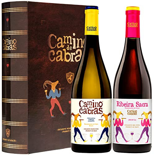 CAMINO DE CABRAS Estuche Vino para Regalar - Vino Tinto Mencia Ribeira Sacra & Vino Blanco Ribeiro – Vino Gallego Gourmet - Vinos Buenos Para Regalar - 2 Botellas x 750 ml - Pack Vino para Regalar