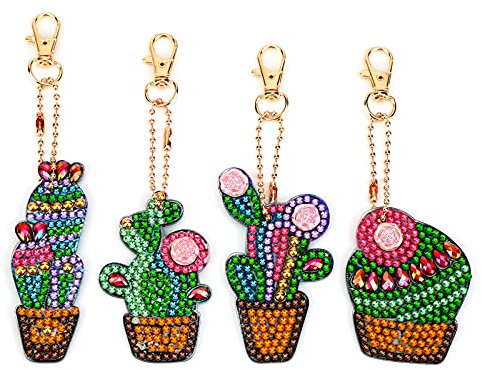 VETPW 4 Stück 5D DIY Kaktus Design Diamant Malerei Schlüsselbund, Doppelseitig DIY Full Drill Diamond Pasted Painting Keychain für Damen Geldbörse Rucksack Handtasche Dekoration