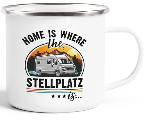Moonworks® Emaille-Tasse Camping Home is where the Stellplatz is Geschenke für Camper Wohnmobil Spruch lustig emaille-weiß-silber standard