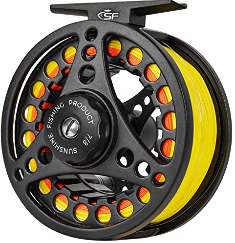 SF Große Angelrolle zum Fliegenfischen, 7/8 W, Aluminium-Legierung, Druckguss, Mattschwarz, vorgespannte Fliegenrolle mit Schnur, Combo Fluoreszierende gelbe Fliegenschnur