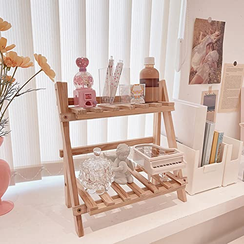 BestAlice Holz Doppellagiges Regal Schreibtisch Aufbewahrung Organizer, Faltbare Holz 2-stöckige Leiter Regale, Langlebiges Regal Blumentopf Gewürze Aufbewahrungsregale Leiter