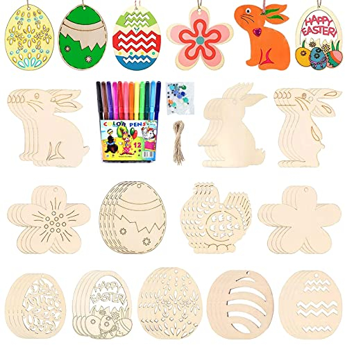 Ostern Basteln Holz, Ostern Anhänger Holz, 144 Stück Osterdeko Basteln Kinder, Ostern Basteln Kinder, Holzanhänger Ostern zum Bemalen, DIY Anhänger Ostern zum Dekorieren für Ostern