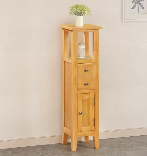Hallowood Furniture Aston Oak Compact Bathroom Cabinet with Deep Drawer, Wooden Display Cabinet with Cupboard, Narrow Storage Unit, Living Room Slim Tower Storage Unit