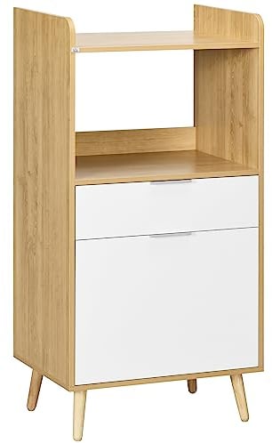 HOMCOM Meuble desserte de Cuisine pour Micro-Ondes Style scandinave avec Placard, tiroir, étagère réglable - 58 x 40 x 118 cm - Naturel et Blanc