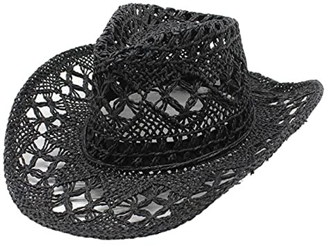 Gefomuofe Cowboy Strohhut Herren Damen Klassisch aufrollbare Krempe Fedora breite Krempe Braut Cowgirl weiß Hut Cowboyhüte Stroh Hohl Cowboyhut Date Mode Party Cowboy Hut