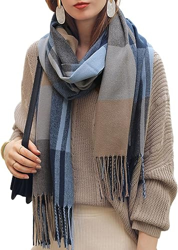 JFAN Schal kariert für Damen Winter Schal Pashmina Warmer Stola mit Baumwolle Fransen Scarves Cashmere Scarf for Women Shawls Wraps Blau One Size