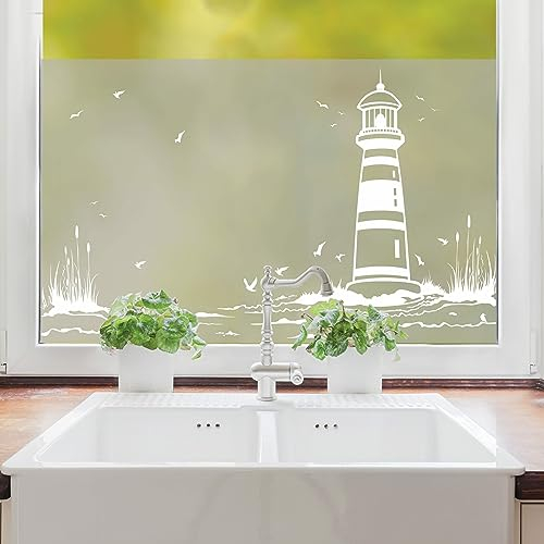 Sichtschutzfolie Leuchtturm Maritime Fensterfolie Fensterdeko Milchglasfolie, 55 cm hoch, 90 cm breit