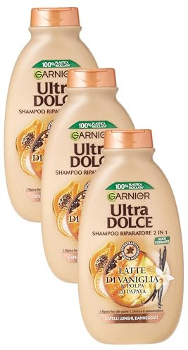 Garnier Ultra Dolce shampoo con latte di vaniglia e polpa di papaya, 300 ml, Confezione da 3