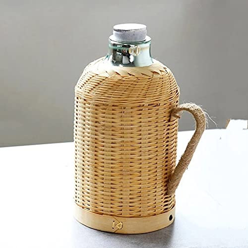 ZYMEN Handgefertigte Bambus-Weberei-Thermosflasche für Wasser mit Korkdeckel und Handgriff-Vakuumflasche, hält das Glas innen warm, groß (Farbe: Bambusgelbe Schale) Commemoration Day
