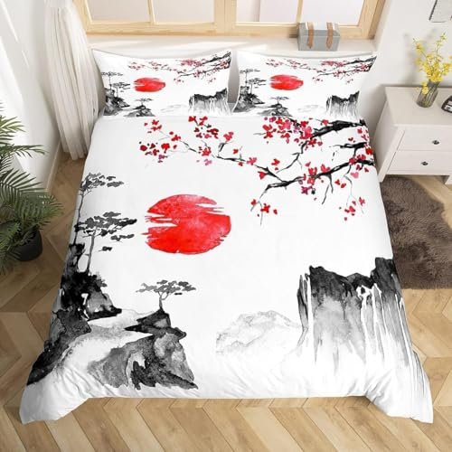 Ensemble de literie Ukiyo - e Japonais Sakura Rouge soleil Housse de Couette 220x240cm Enfants Garçons Filles Encre style Japonais Parure de Lit style exotique Literie set avec 2 taie d'oreiller